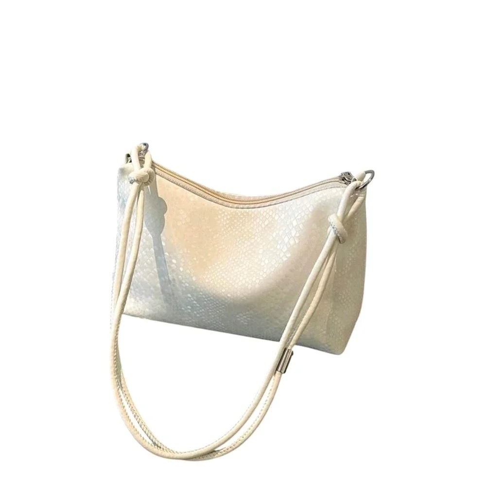 White Faux Snakeskin Baguette Shoulder Bag Knotted Strap‎ Chic Handbag